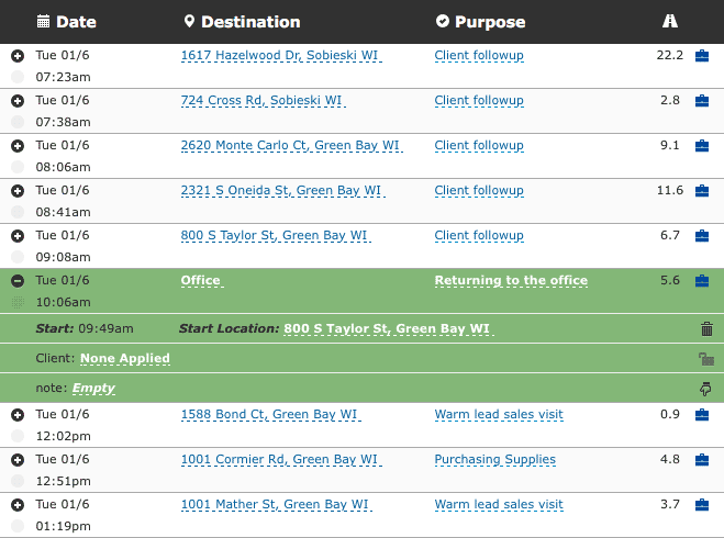 sample trip list from car mileage tracker